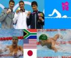 Подиум, плавание, 200 м Баттерфляй Мужчины, Чад le Clos (Южная Африка), Майкл Фелпс (Соединенные Штаты) и Такэси Мацуда (Япония) - Лондон-2012-